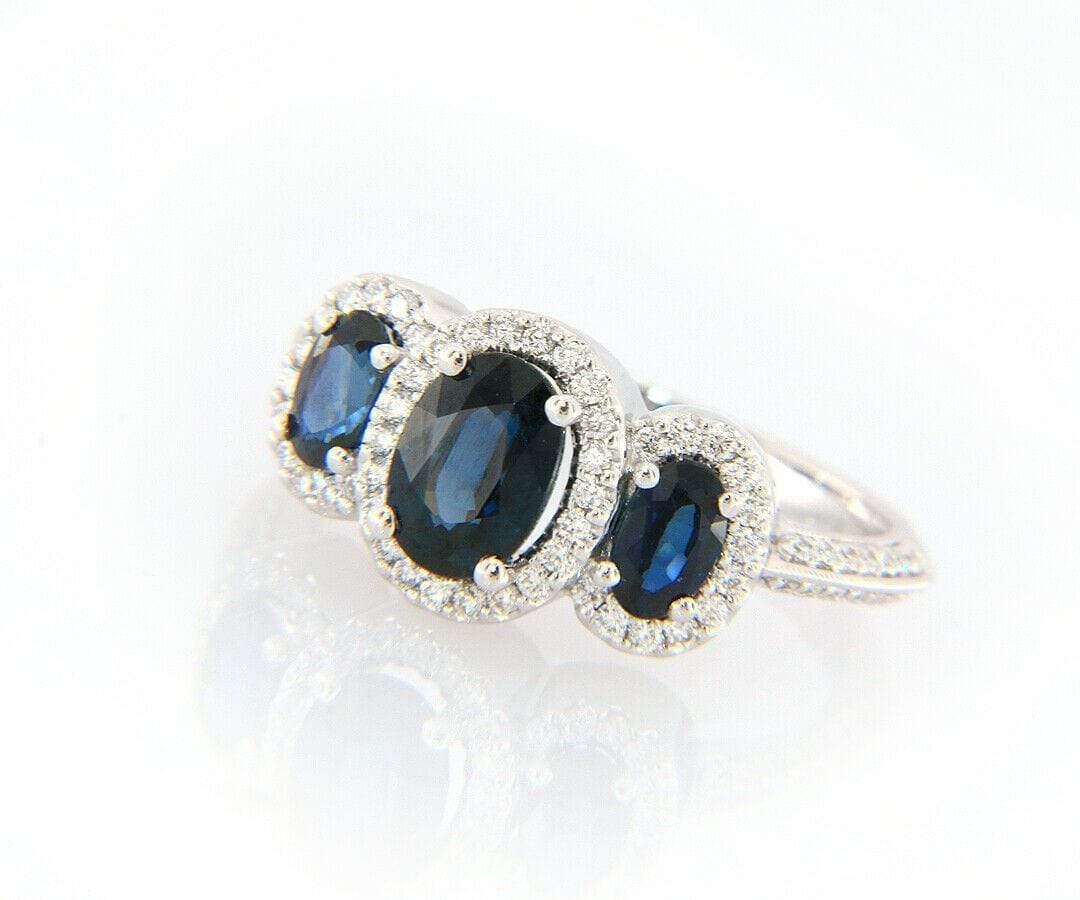 Women's New Gabriel & Co. 1.85ctw Oval Sapphires & 0.35ctw Diamond Frame 3 Stone Ring For Sale