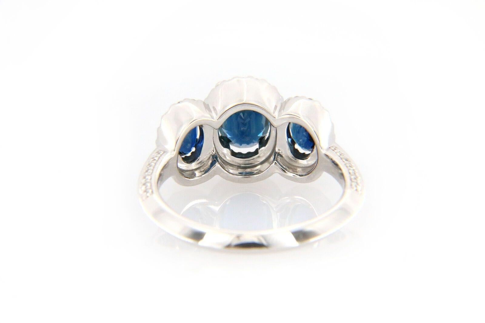 New Gabriel & Co. 1.85ctw Oval Sapphires & 0.35ctw Diamond Frame 3 Stone Ring For Sale 2