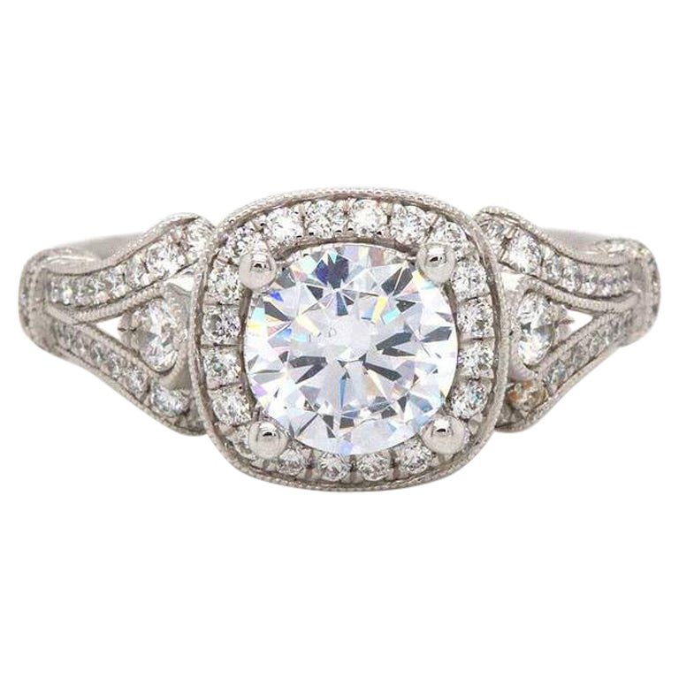 New Gabriel 
Co. Cushion Halo Round Diamond Vintage Semi Mount Ring in 14K For Sale