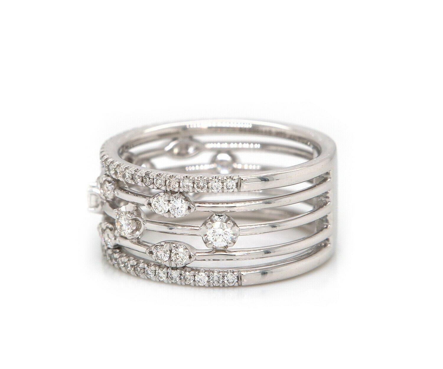 New Gabriel & Co. Diamond Open Five Row Ring in 14K

Gabriel & Co. Diamond Open Five Row Ring
14K White Gold
Diamonds Carat Weight: Approx. 0.73ctw
Clarity: SI2
Color: G – H
Ring Width: Approx. 9.4 MM
Ring Size: 6.25 (US)
Weight: Approx. 6.30