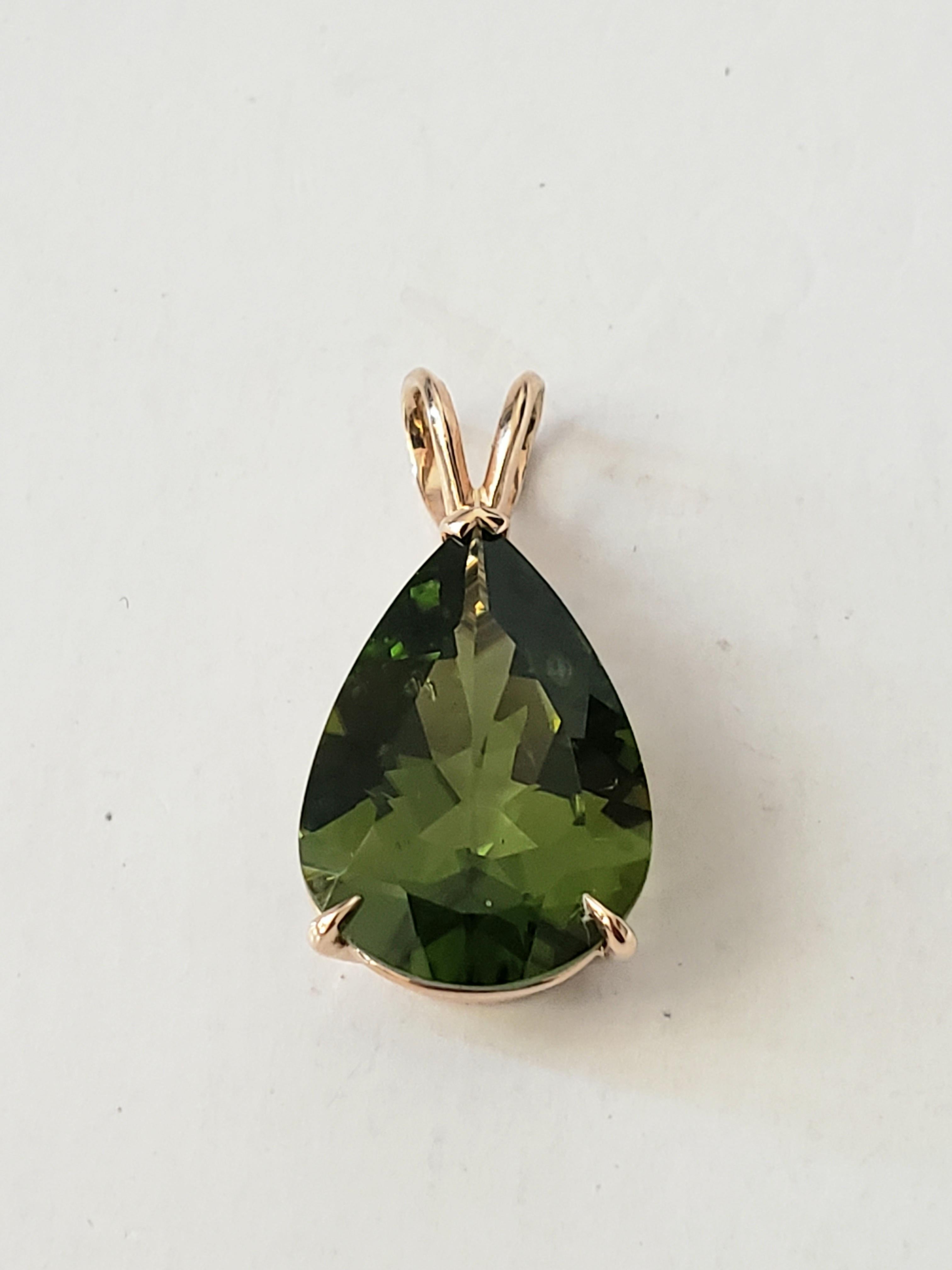Pear Cut Unheated Natural 12.22 CT Burma Pear Peridot Pendant 14K Gold For Sale