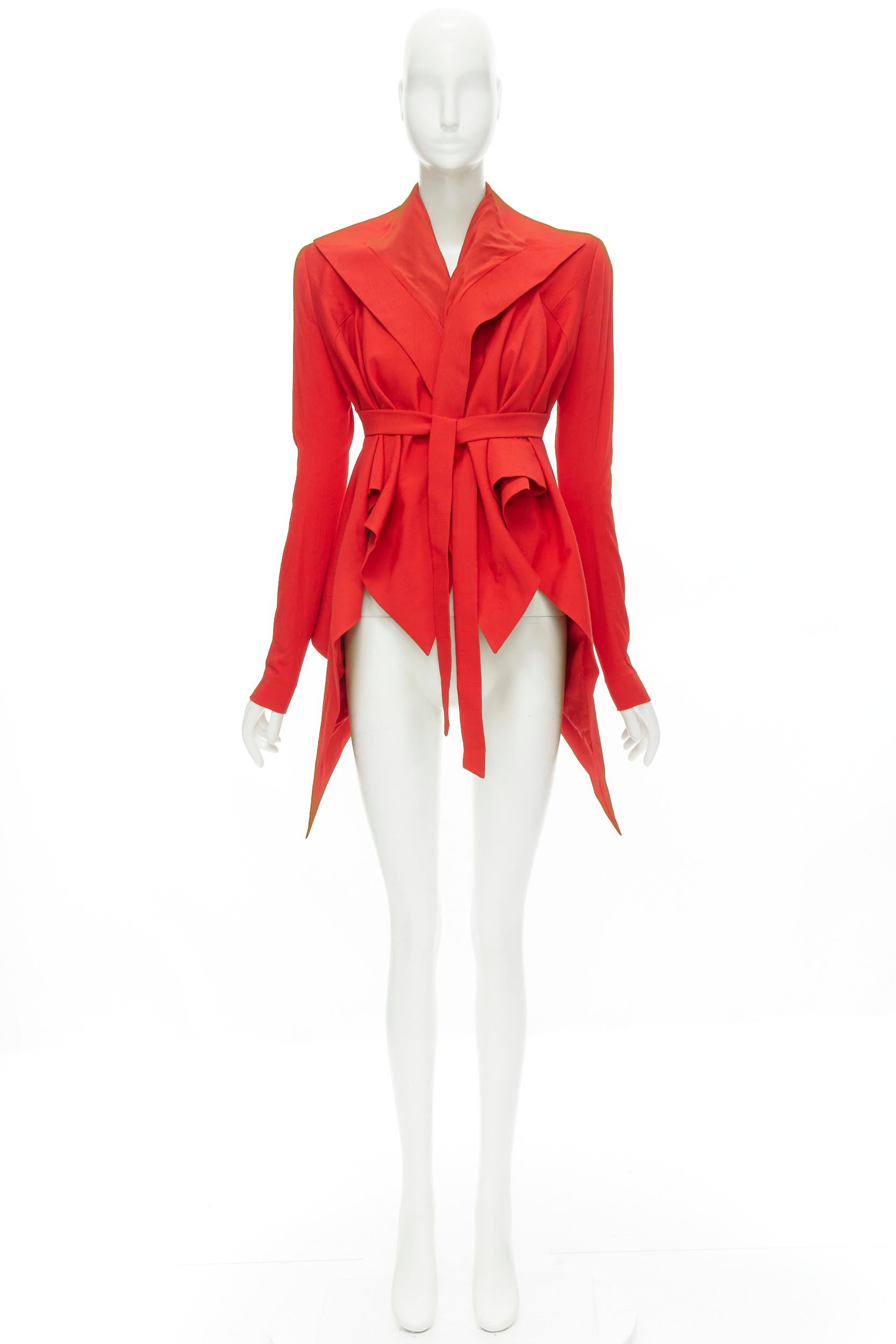 new GARTEH PUGH red shoulder padded draped hem belted jacket IT38 XS For Sale 4