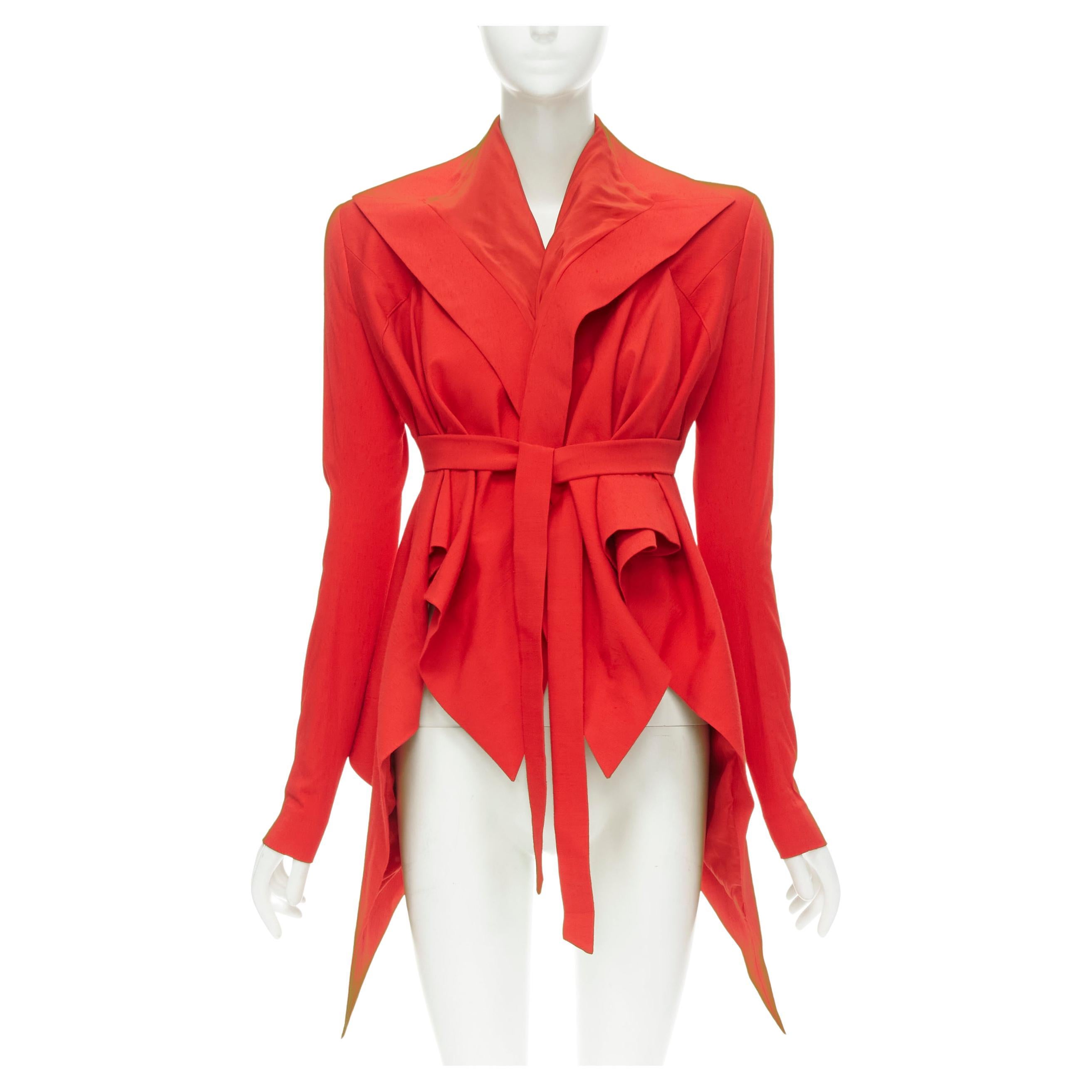 new GARTEH PUGH red shoulder padded draped hem belted jacket IT38 XS For Sale
