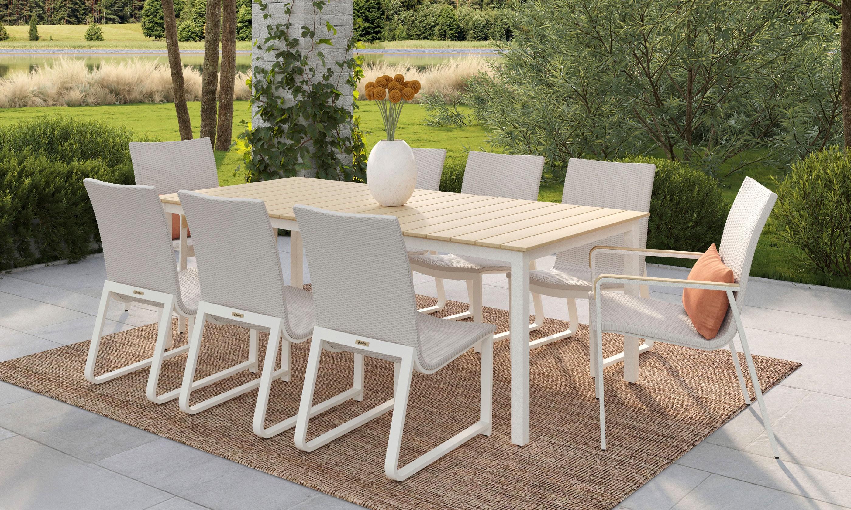 New Gensun Casual Living Ventura nine piece cast aluminum and woven dining table and chairs. Ventura is a streamlined transitional design with a unique use of materials. The collection features a natural look synthetic wicker hand woven onto a