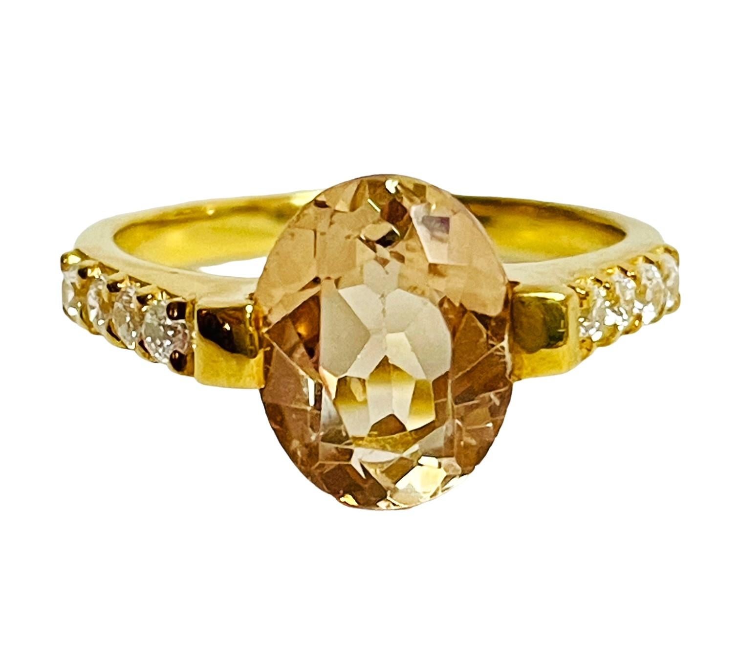 The ring is a size 6.25.  The setting is a beautiful 14k Yellow Gold Plate.  The main stone is natural and is 10 x 8 x 4.9 mm  Total carat weight is 3.4  The weight in Grams is 2.92.   I have many items on auction that have matching pieces.  Please