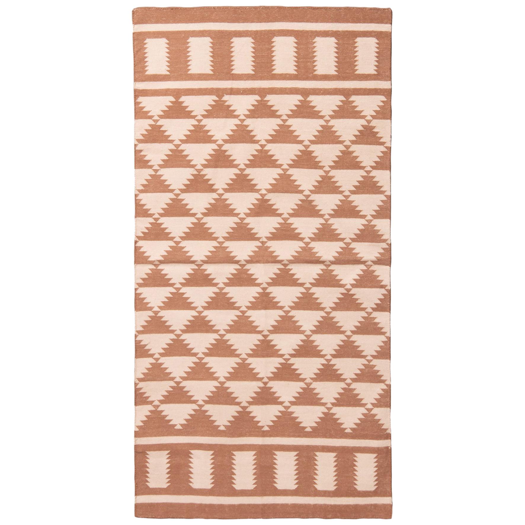 New Geometric Brown and Beige Cotton Rug