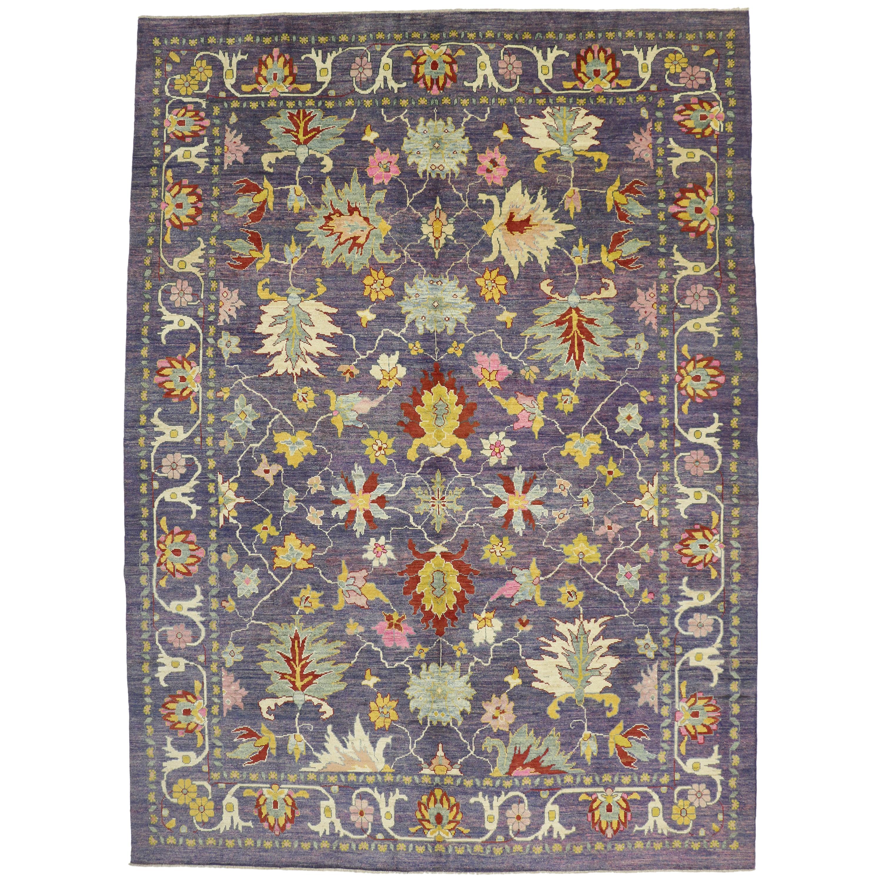 New Colorful Turkish Purple Oushak Rug with Modern Contemporary Venetian Style