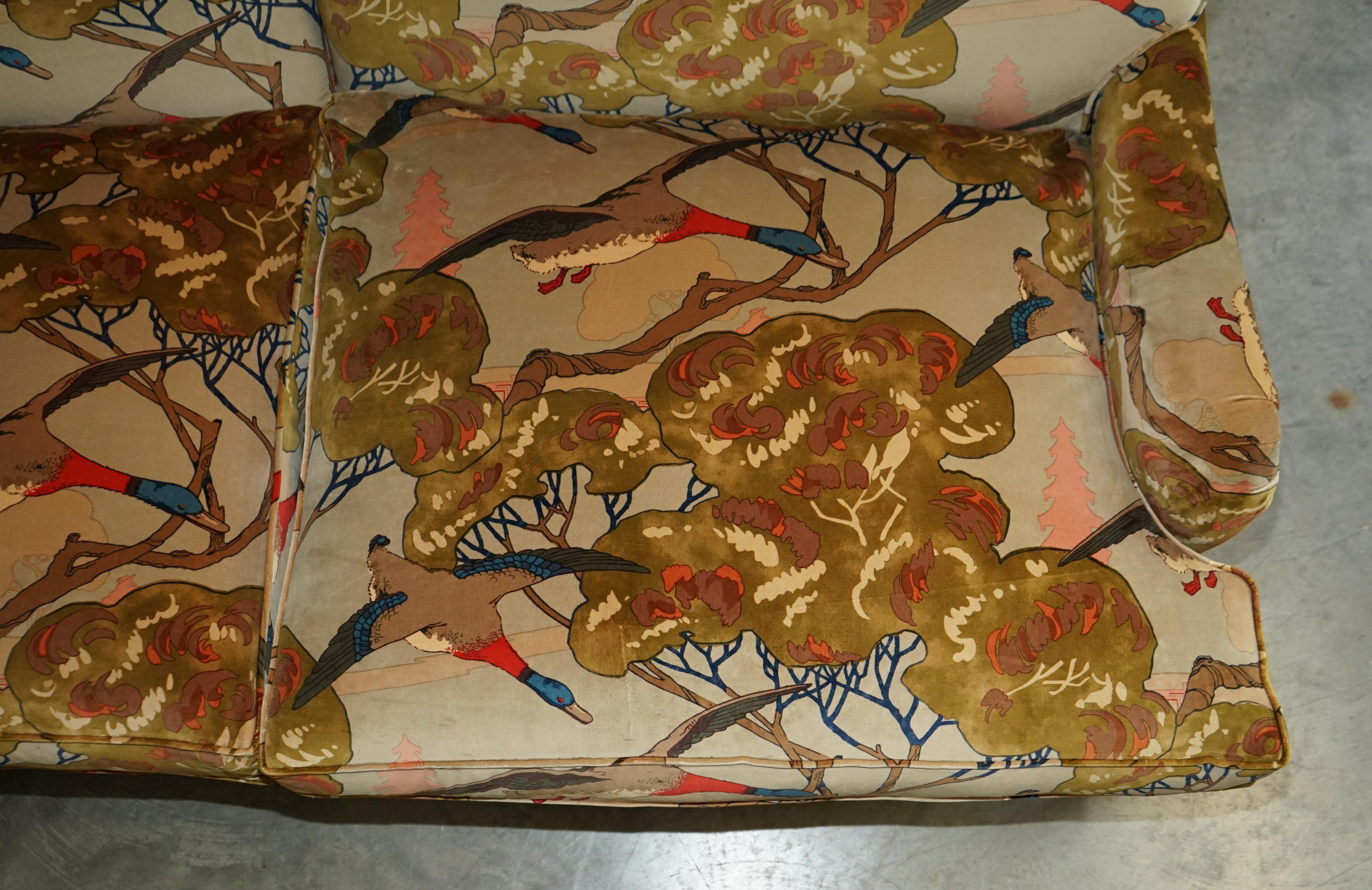 20th Century New George Smith Howard Signature Scroll Arm Sofa Mulberry Flying Ducks Velvet For Sale