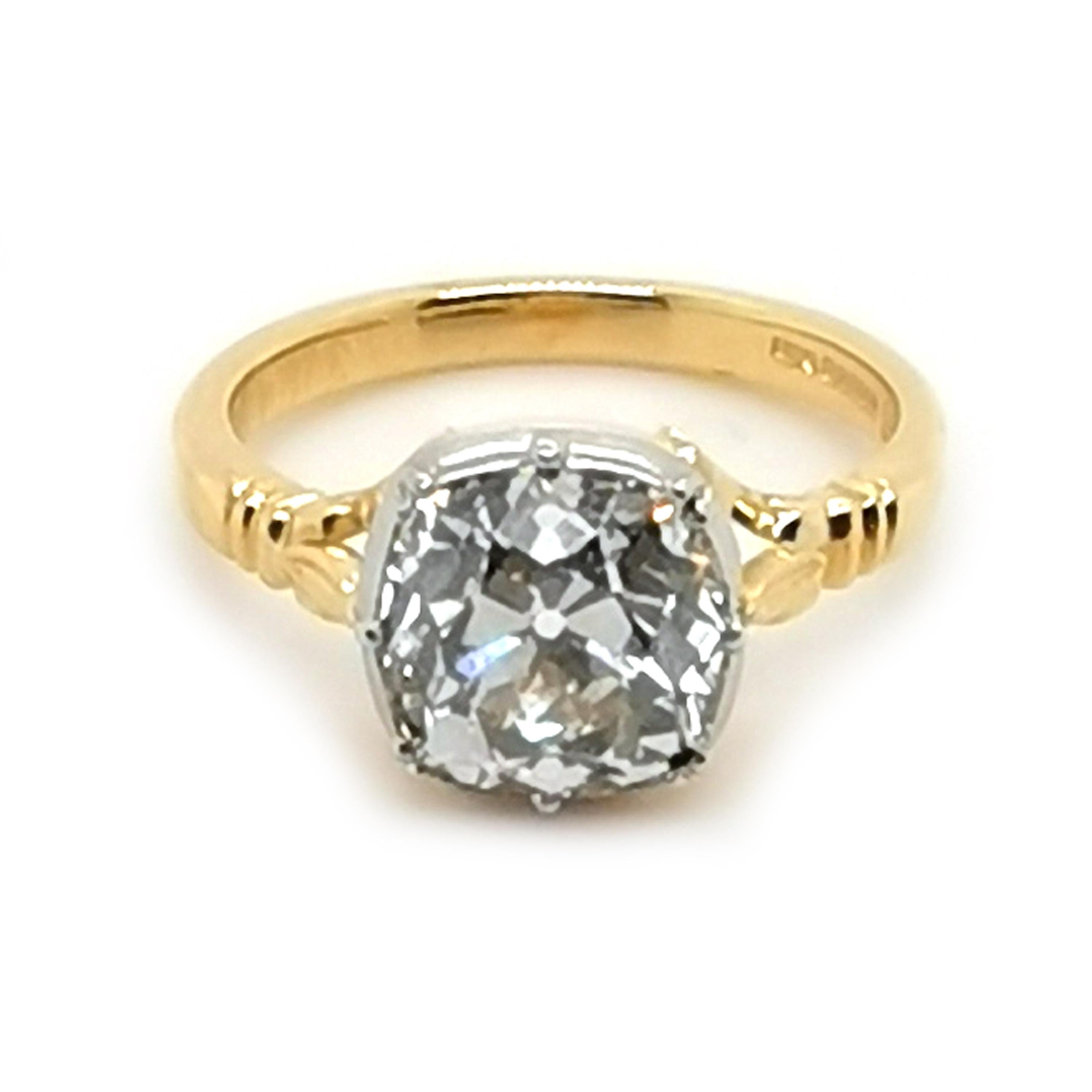 Antique Cushion Cut New Georgian Style Old Cut Diamond Gold And Platinum Solitaire Ring, 2.72 Carat For Sale