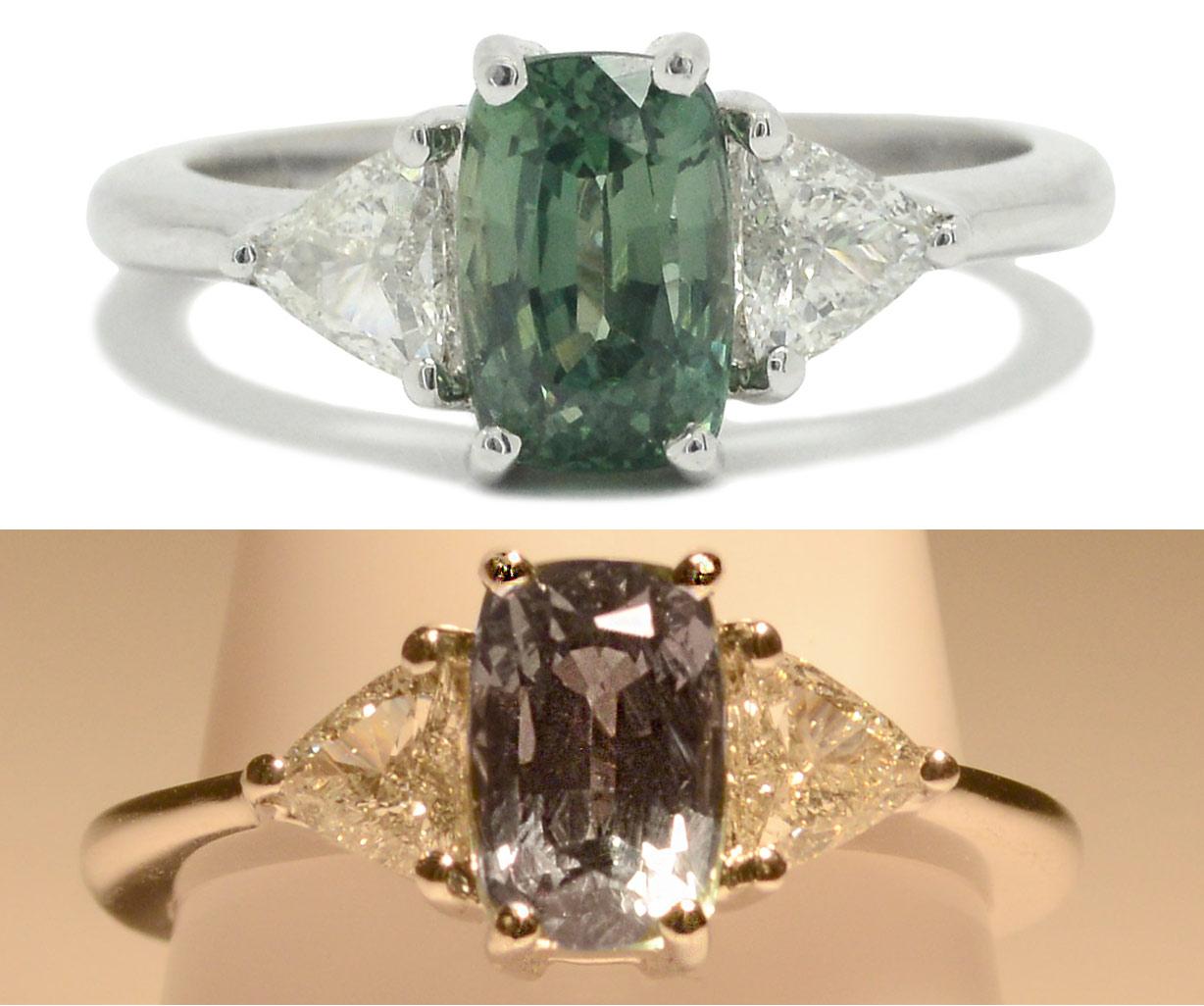 The Katerina alexandrite and diamond engagement ring is an enchanting and captivating jewel. The 3 stone, design with a central oval gemstone smartly accented by a pair of trillion shaped (triangle) diamonds. Known as the chameleon of gemstones due