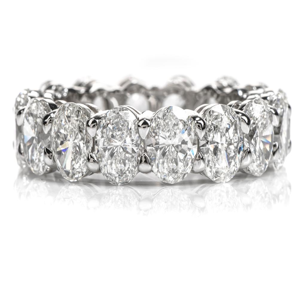 Walk down the aisle and slide this extraordinarily well-matched

Oval shaped GIA certified diamond Eternity band onto her hand.

Crafted in platinum, this ring left nothing to chance!

16 oval shaped diamonds, each of 0.50 or 0.51 carats were hand