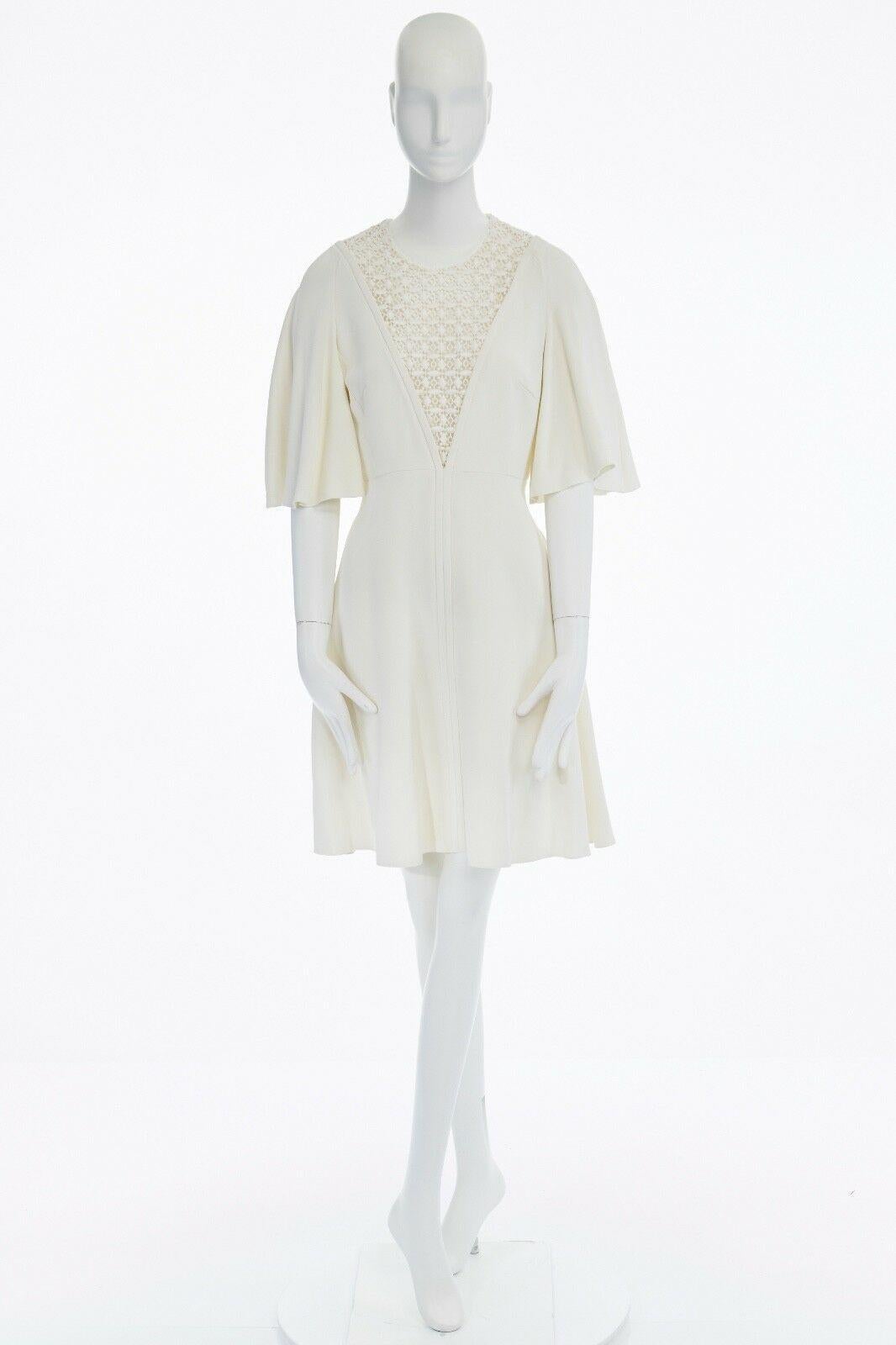 Gray new GIAMBATTISTA VALLI cream embroidered plunge neck flutter sleeve dress IT42 M