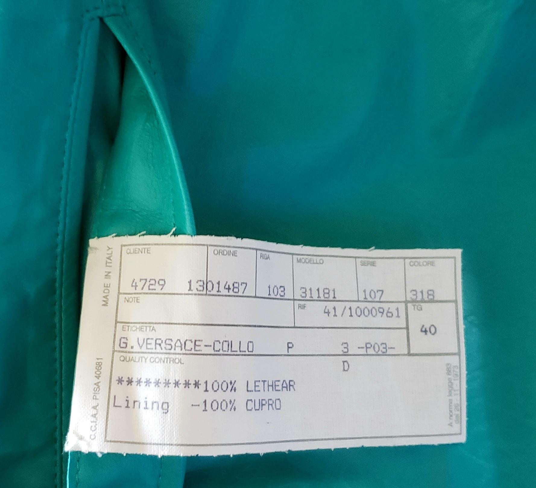 NEW GIANNI VERSACE EMERALD GREEN LEATHER JACKET with RIVETS Sz IT 40 - US 4/6 For Sale 11