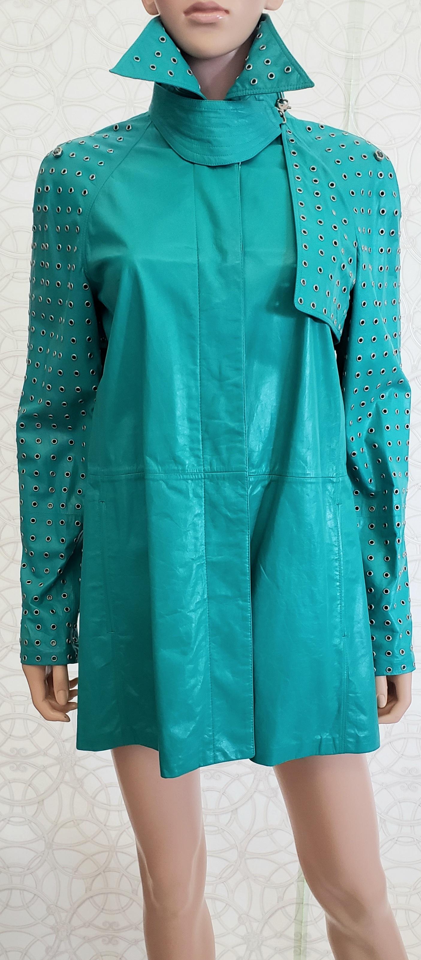 NEW GIANNI VERSACE EMERALD GREEN LEATHER JACKET with RIVETS Sz IT 40 - US 4/6 For Sale 5