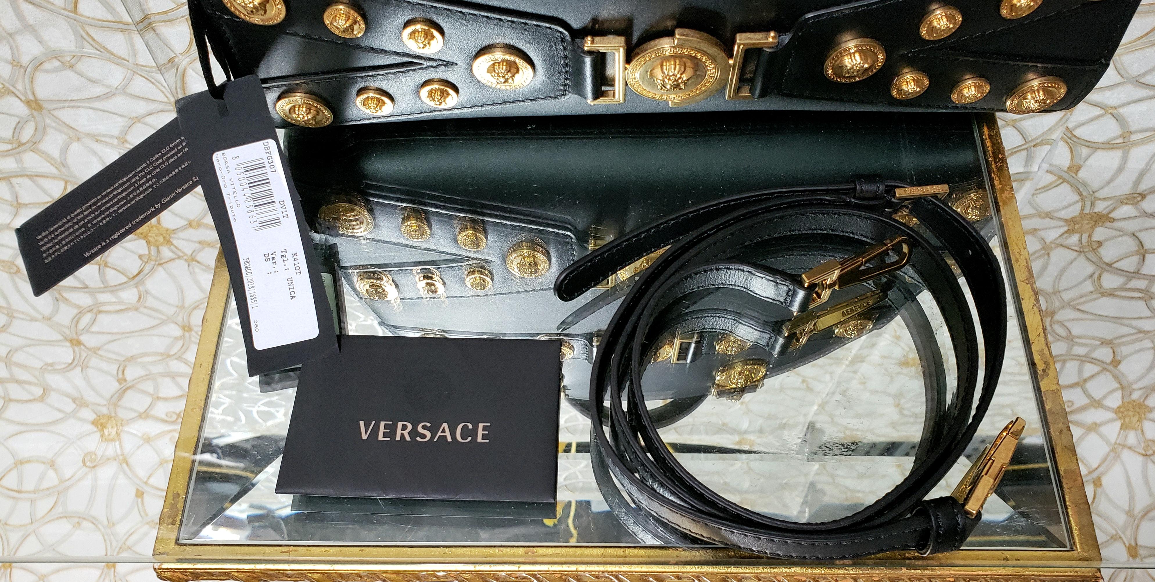 Women's New GIANNI VERSACE TRIBUTE LARGE BLACK LEATHER MEDALLION HANDBAG