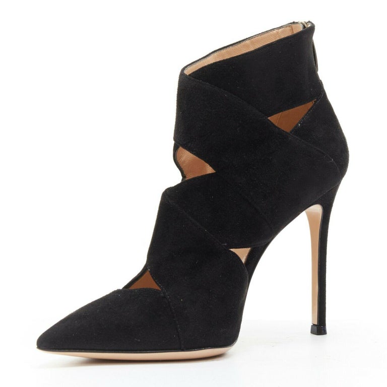 new GIANVITO ROSSI black suede cross strap pointed toe high heel bootie ...
