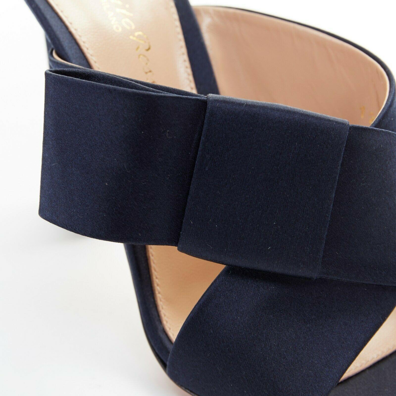 new GIANVITO ROSSI Obi navy blue satin bow open toe mule high heel EU37 4