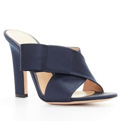 new GIANVITO ROSSI Obi navy blue satin bow open toe mule high heel EU37