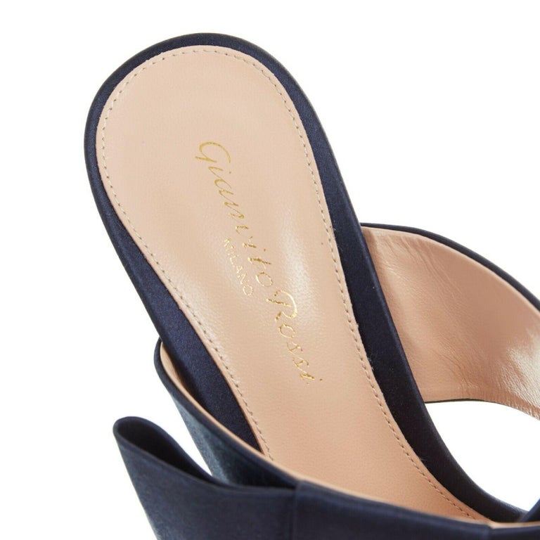 new GIANVITO ROSSI Obi navy blue satin bow open toe mule high heel EU37