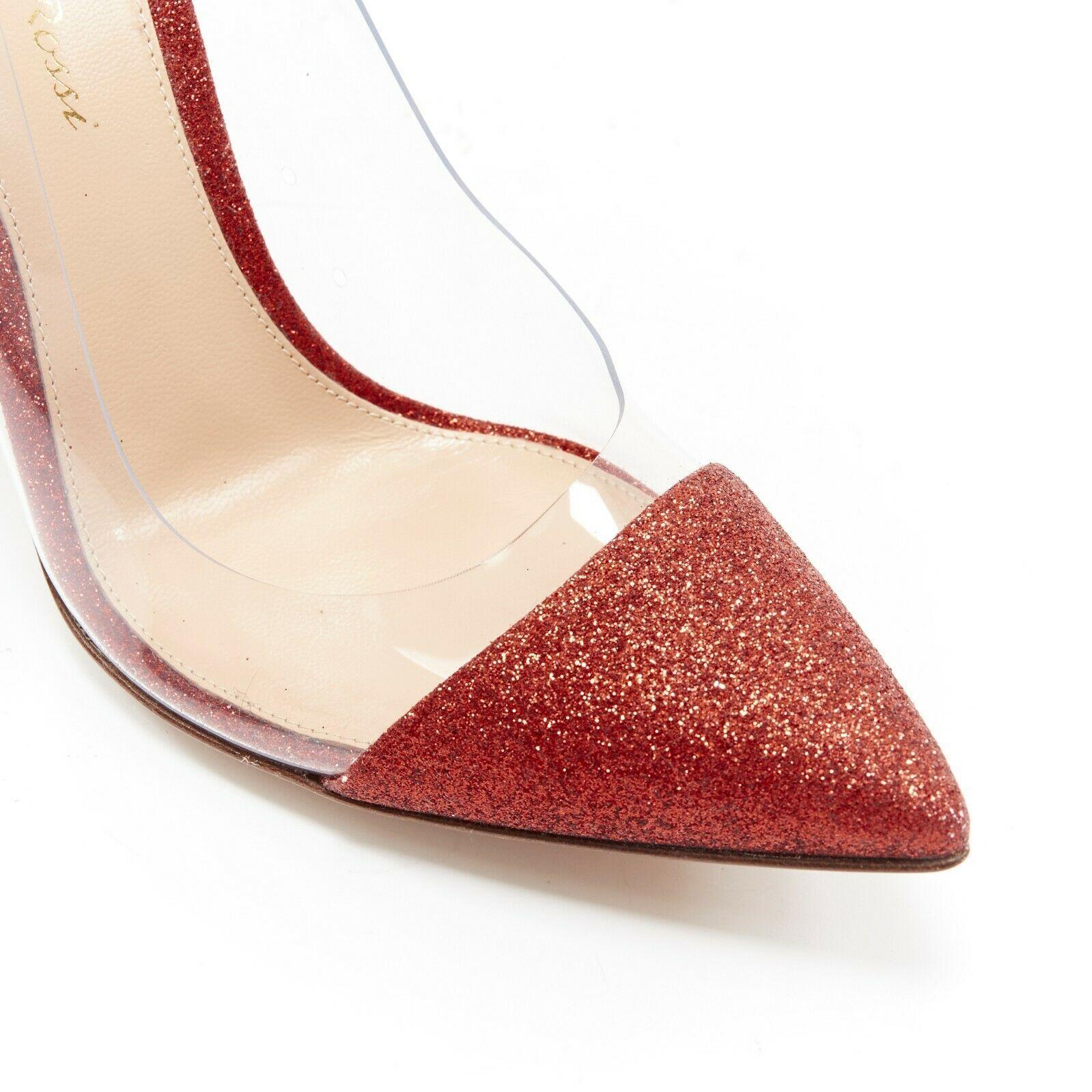new GIANVITO ROSSI Plexi 100 red glitter leather clear PVC point toe pump EU37 In Good Condition In Hong Kong, NT