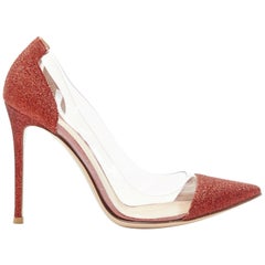 new GIANVITO ROSSI Plexi 100 red glitter leather clear PVC point toe pump EU37