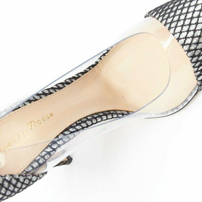 new GIANVITO ROSSI Plexi 100 silver glitter black mesh PVC point toe pump EU37 For Sale 7