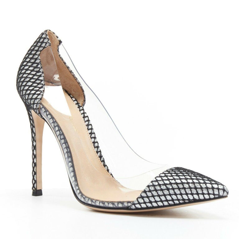 new GIANVITO ROSSI Plexi 100 silver glitter black mesh PVC point toe ...