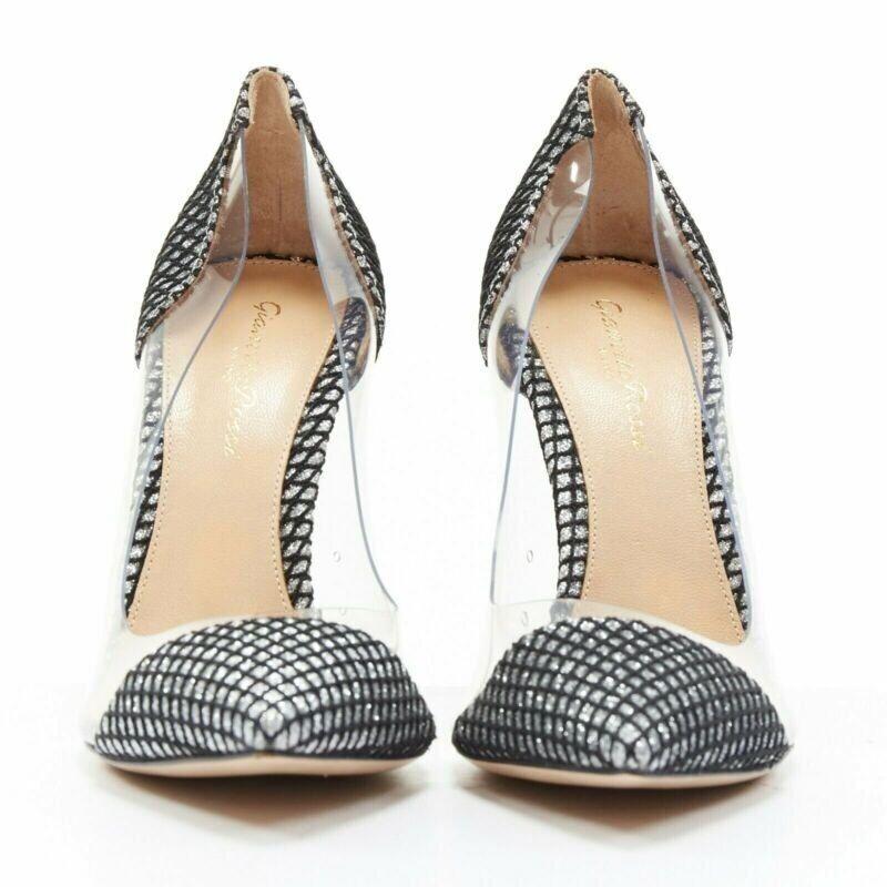 Gray new GIANVITO ROSSI Plexi 100 silver glitter black mesh PVC point toe pump EU37 For Sale