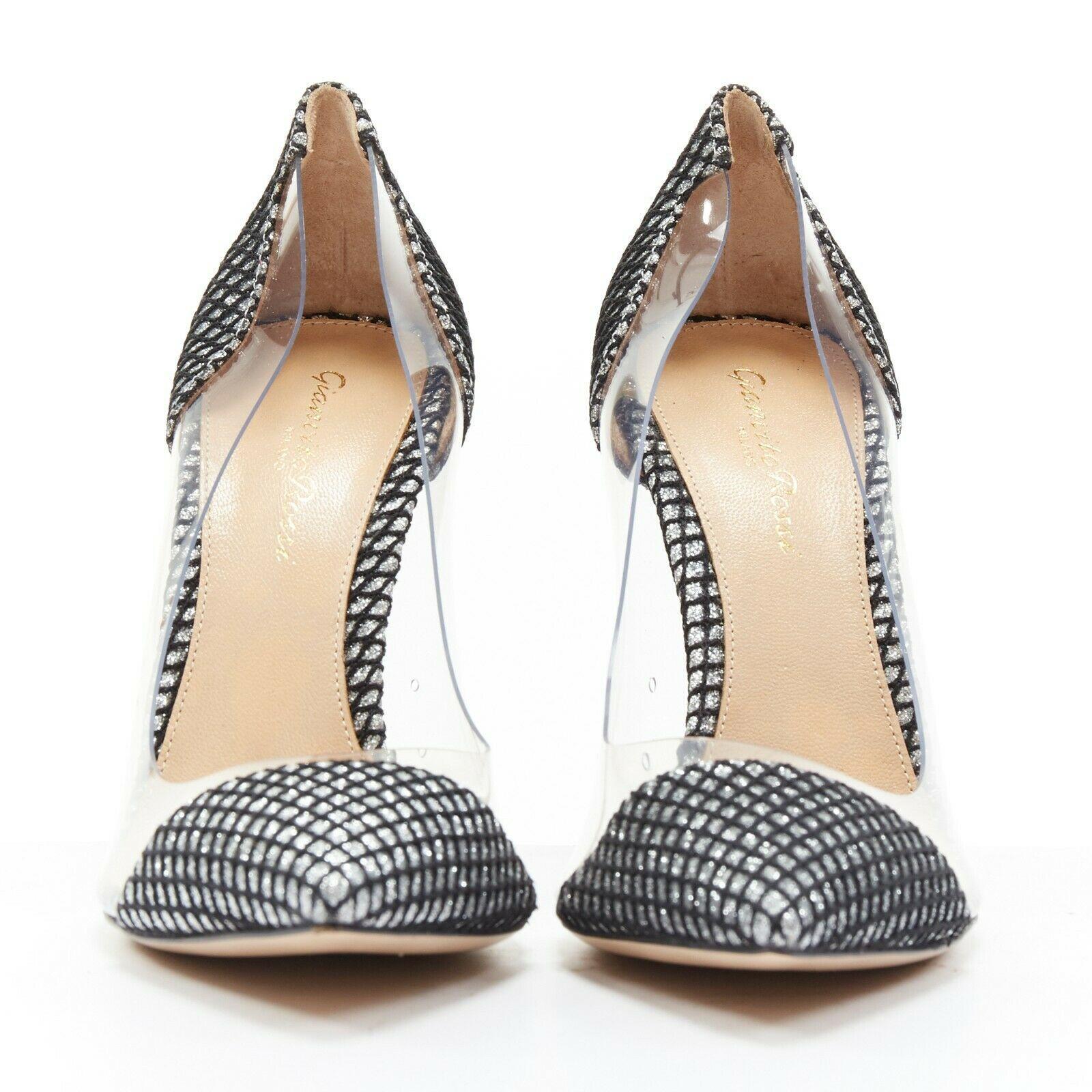 Gray new GIANVITO ROSSI Plexi 100 silver glitter black mesh PVC point toe pump EU37