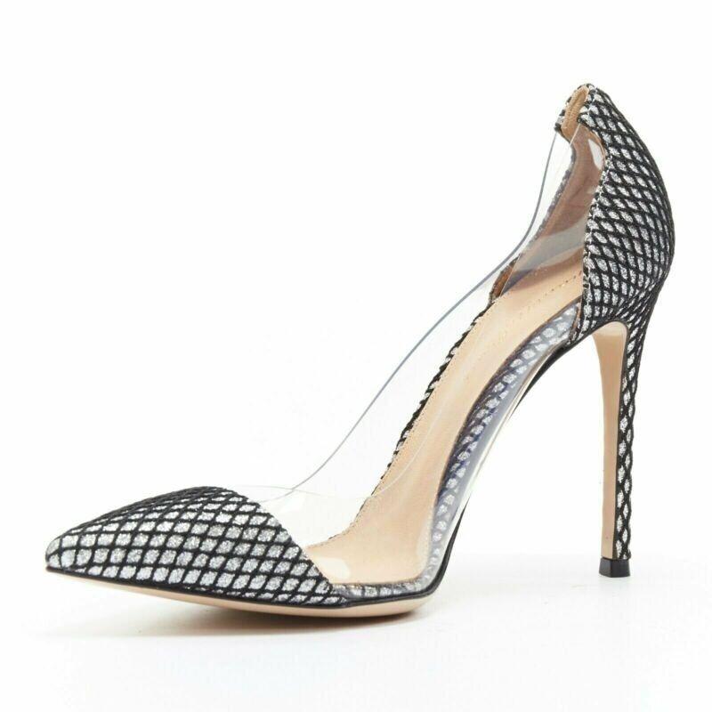 new GIANVITO ROSSI Plexi 100 silver glitter black mesh PVC point toe pump EU37 In New Condition For Sale In Hong Kong, NT