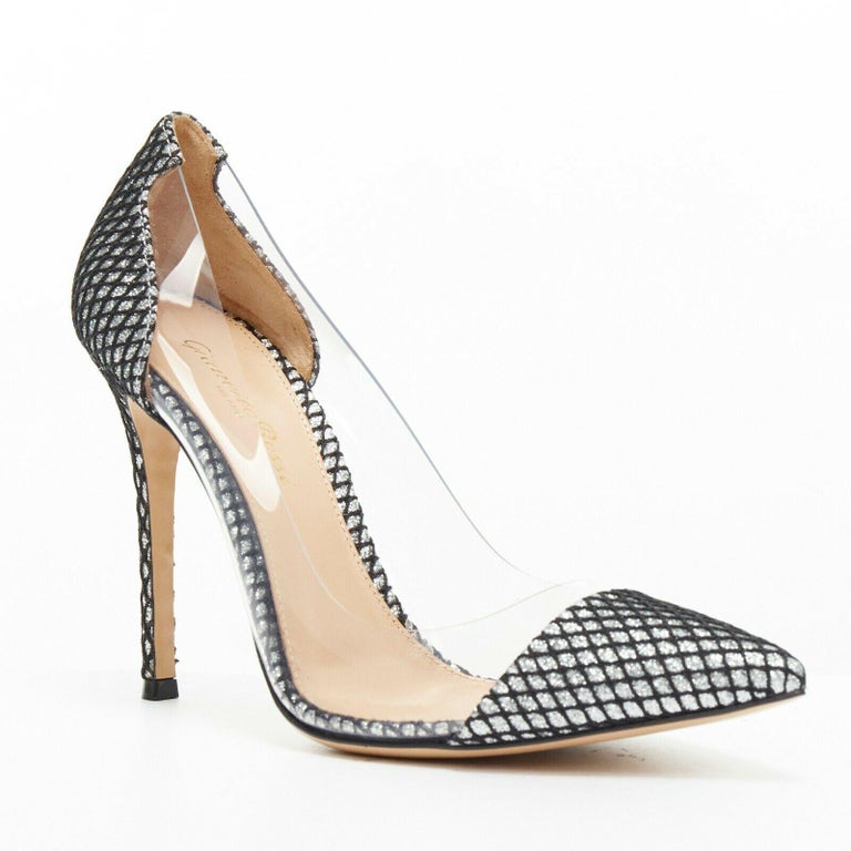 new GIANVITO ROSSI Plexi 100 silver glitter black mesh PVC point toe ...