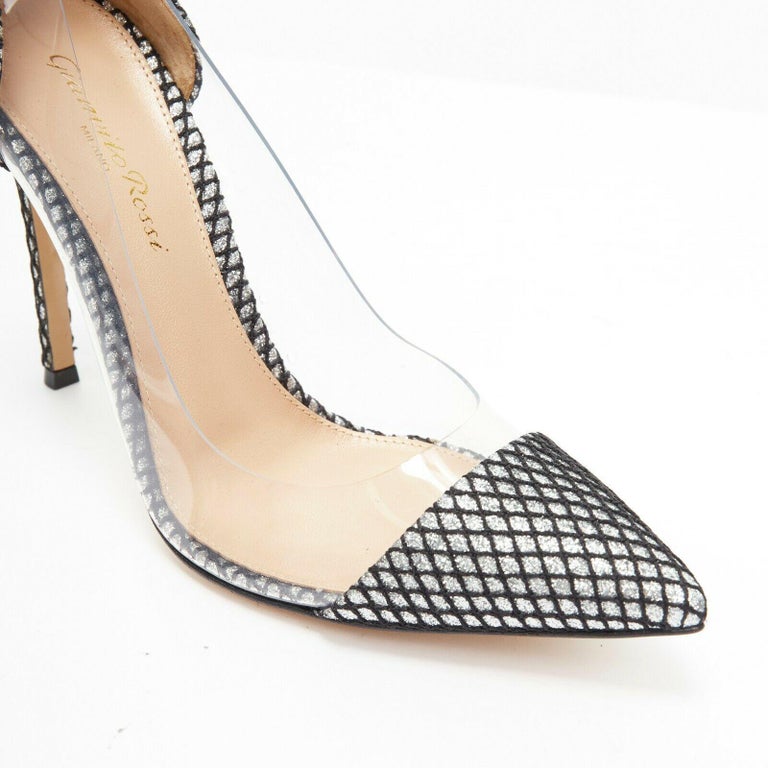 new GIANVITO ROSSI Plexi 100 silver glitter black mesh PVC point toe