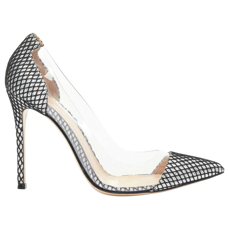 new GIANVITO ROSSI Plexi 100 silver glitter black mesh PVC point toe ...