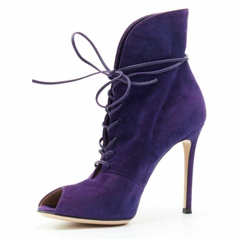 Purple new GIANVITO ROSSI purple suede lace up peep toe deep V vamp heel bootie EU36 For Sale