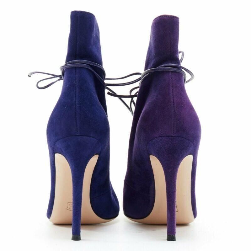 new GIANVITO ROSSI purple suede lace up peep toe deep V vamp heel bootie EU36 In New Condition For Sale In Hong Kong, NT