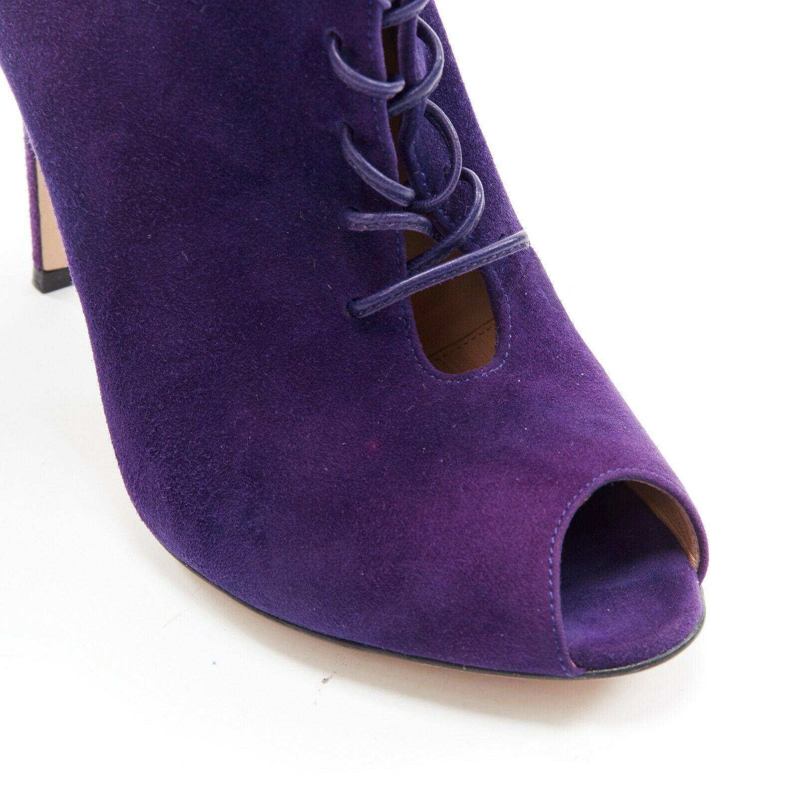 Women's new GIANVITO ROSSI purple suede lace up peep toe deep V vamp heel bootie EU36