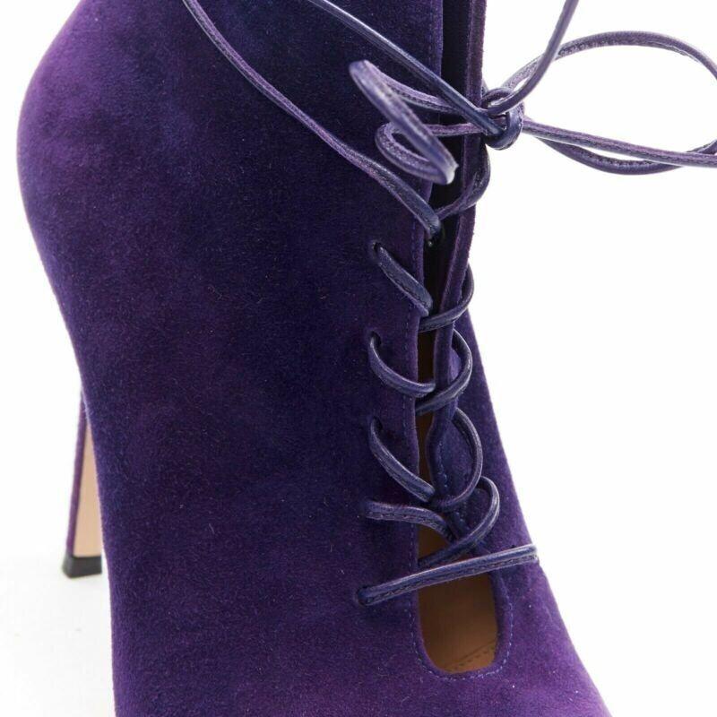 new GIANVITO ROSSI purple suede lace up peep toe deep V vamp heel bootie EU36 For Sale 4
