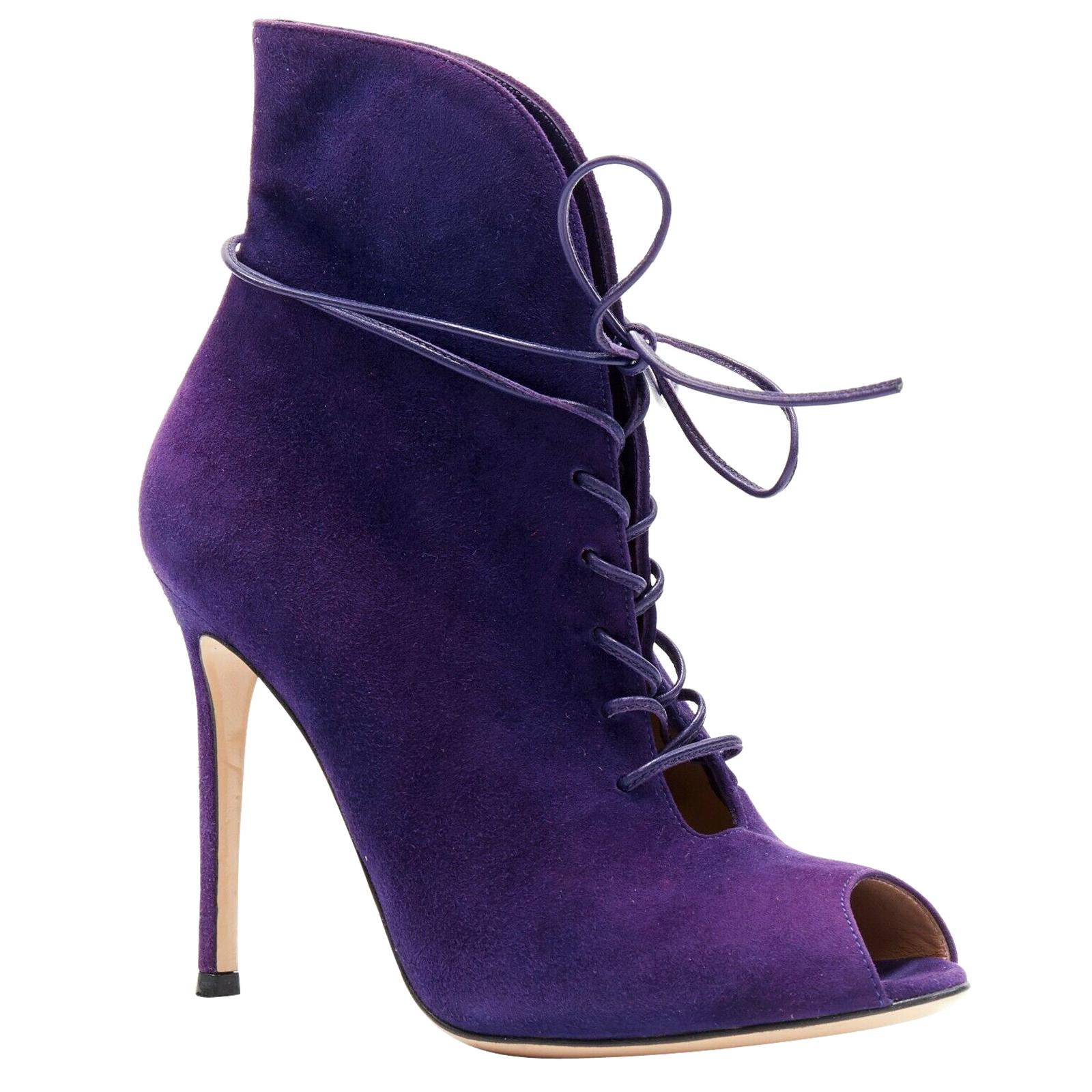 new GIANVITO ROSSI purple suede lace up peep toe deep V vamp heel bootie EU36