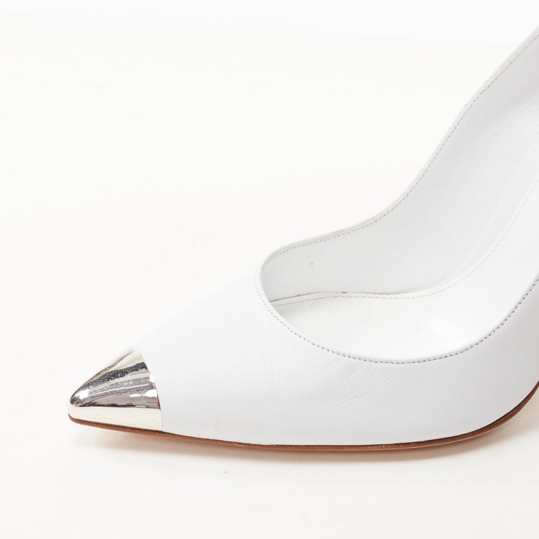 new GIANVITO ROSSI white leather silver metal toe heel tip pigalle pump