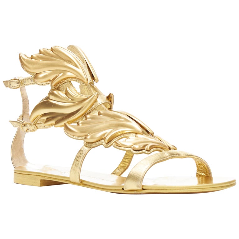 new GIUSEPPE ZANOTTI 20th Ans Cruel gold metal leaf strappy flat sandals  EU38 at 1stDibs