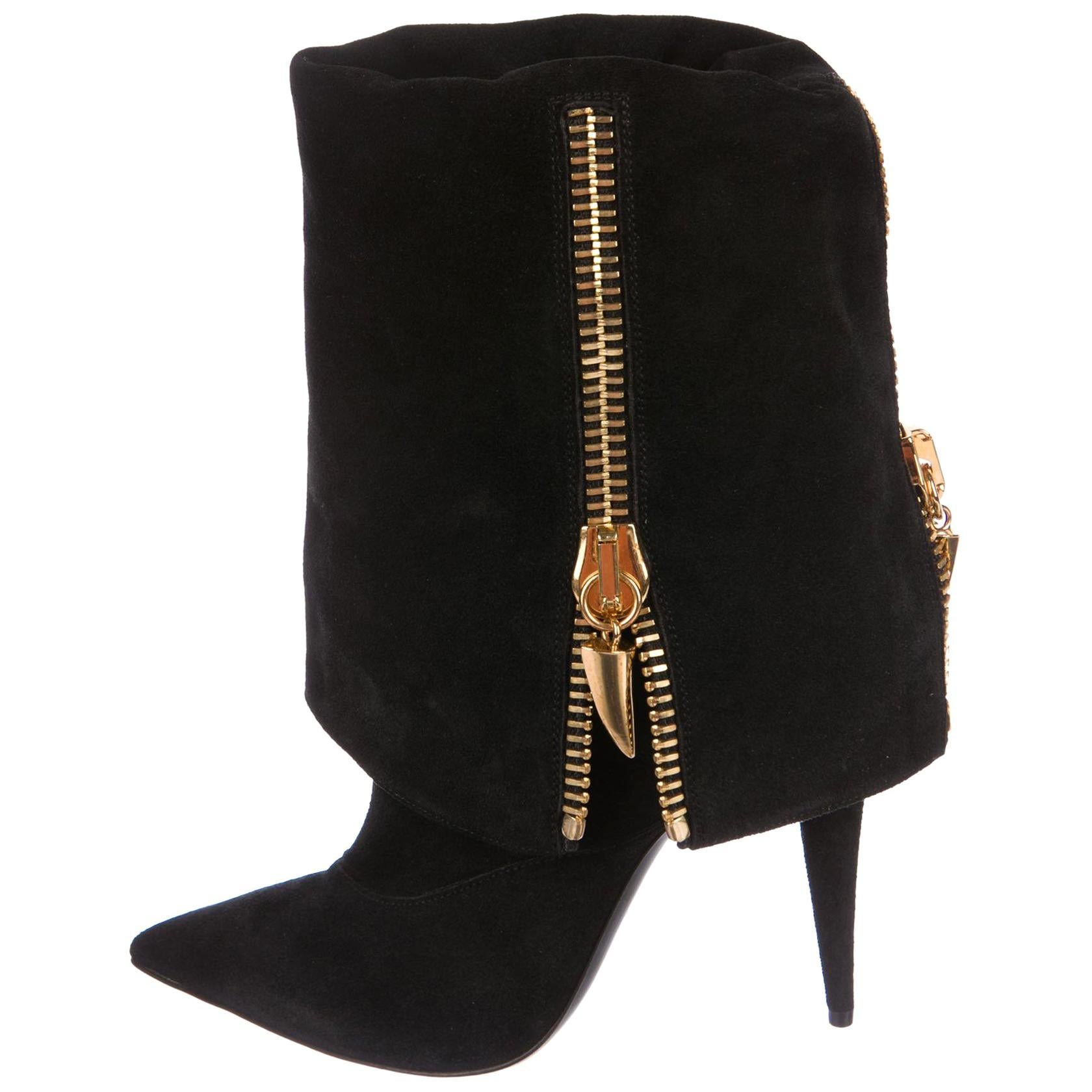 Nuovo Giuseppe Zanotti Nero Fold-Over Suede Mid-Calf Zipper Accent Boots 39 - 9 in vendita