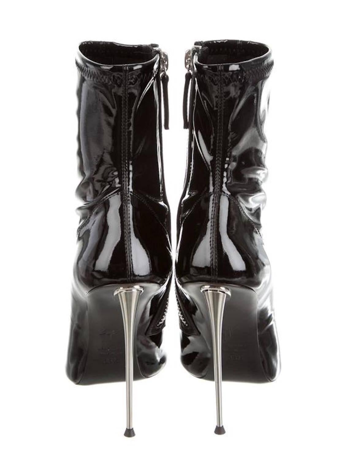 Women's NEW! Giuseppe Zanotti Black Patent Leather Metal Heels Ankle Sock Boots Booties 