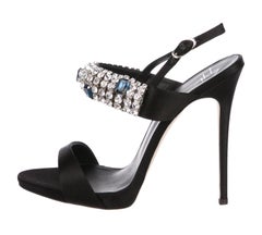 New Giuseppe Zanotti Black Satin Crystal Embellished Slingback Sandals 38 - 8
