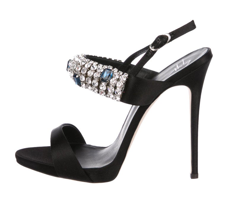 New Giuseppe Zanotti Black Satin Crystal Embellished Slingback Sandals 38 -  8 For Sale at 1stDibs