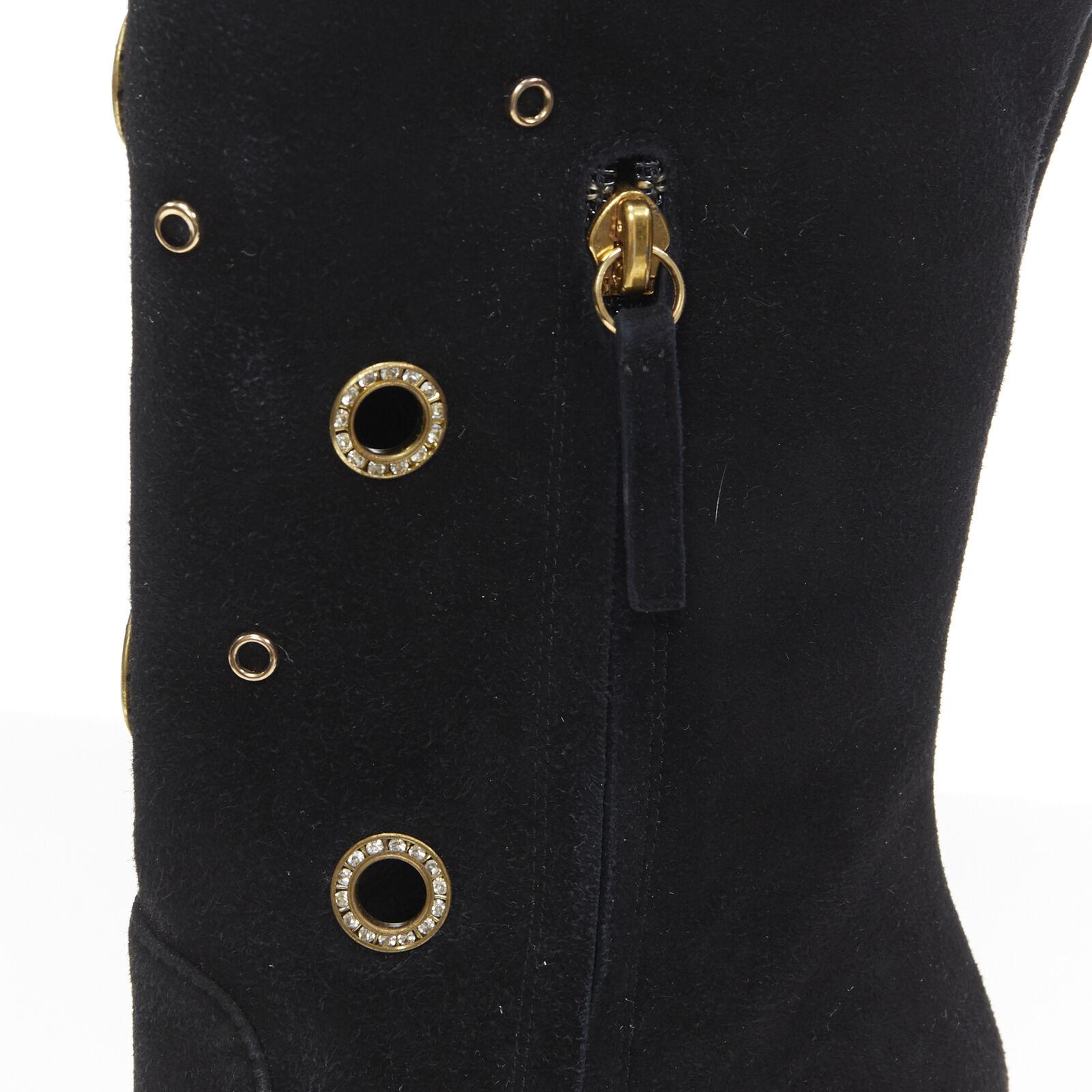 new GIUSEPPE ZANOTTI black suede gold crystal eyelet high heel tall boots EU37 For Sale 6