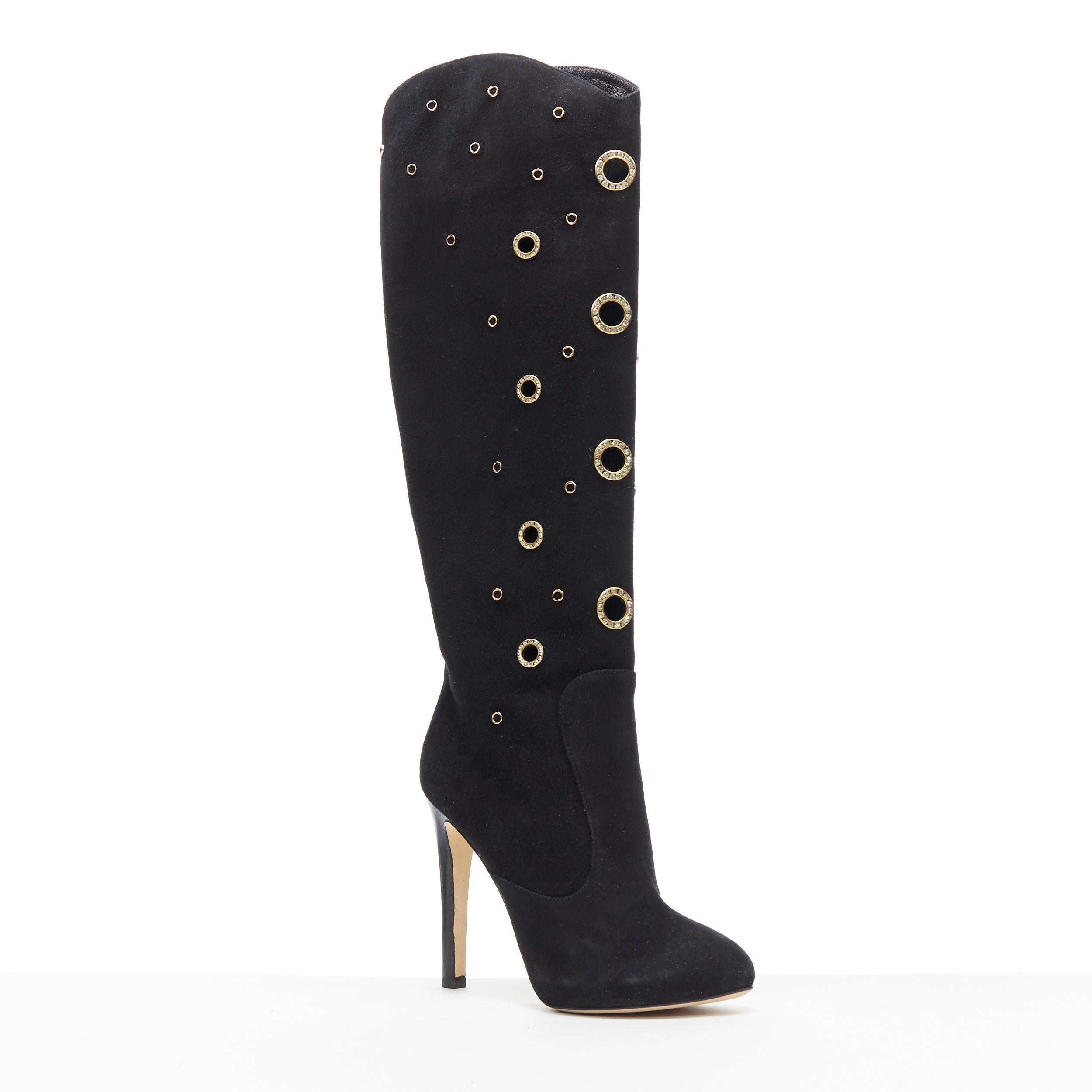 nuevo GIUSEPPE ZANOTTI botas altas de tacón con ojales de cristal dorado y ante negro EU37 Negro