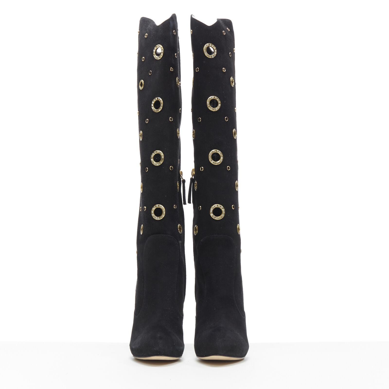 Black new GIUSEPPE ZANOTTI black suede gold crystal eyelet high heel tall boots EU37 For Sale