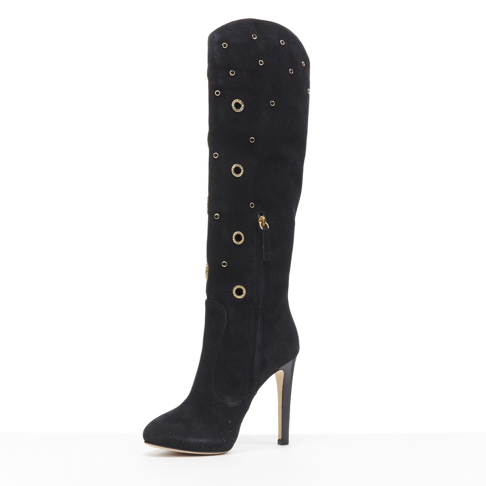 GIUSEPPE ZANOTTI Schwarze hochhackige Stiefel aus Wildleder mit goldenem Kristall-Augen EU37 Damen im Angebot