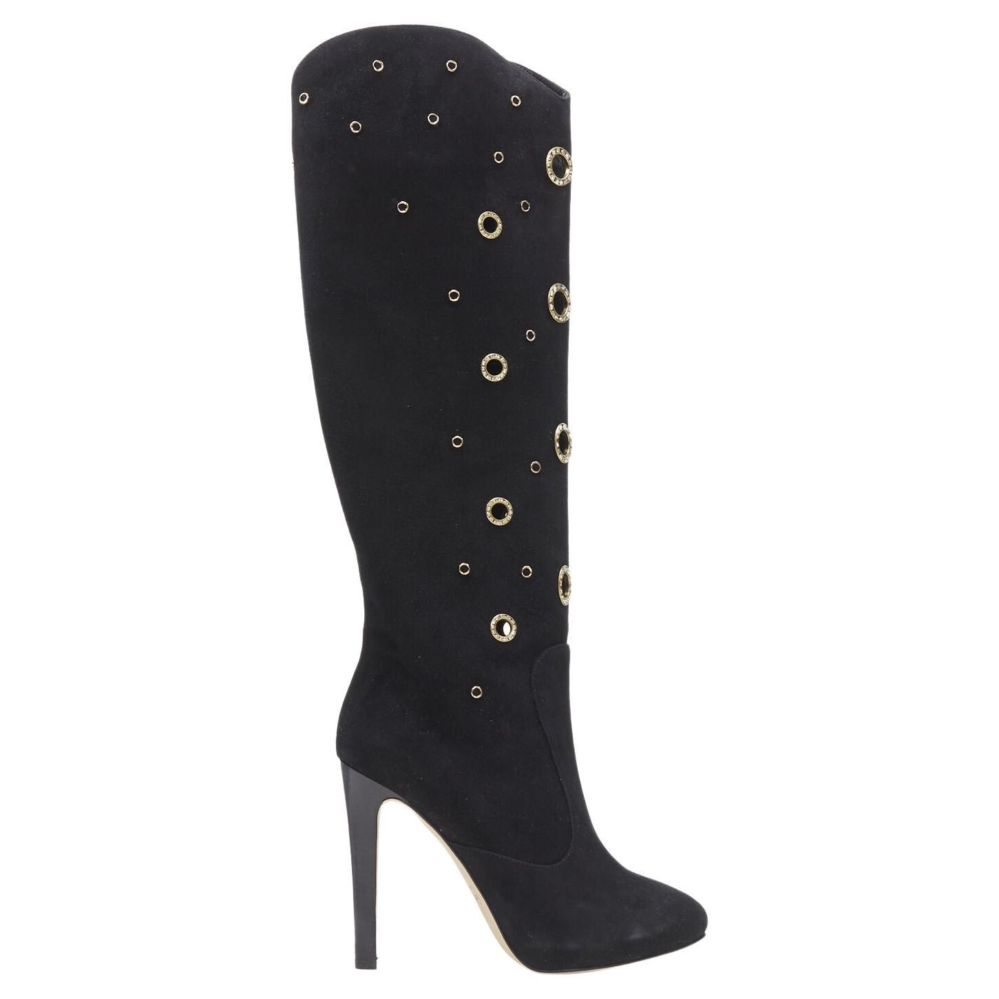 new GIUSEPPE ZANOTTI black suede gold crystal eyelet high heel tall boots EU37 For Sale