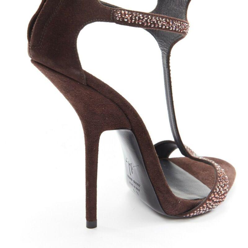 new GIUSEPPE ZANOTTI brown crystal strass T-strap curved heel sandal EU40.5 For Sale 5